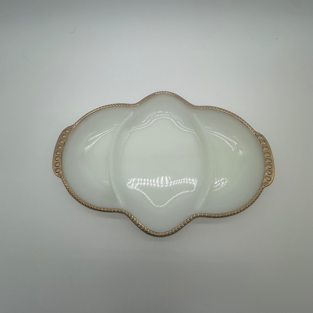 Fire-King Anchor Hocking Milk Glass Divided Relish Dish Gold Beaded Rim Vintage